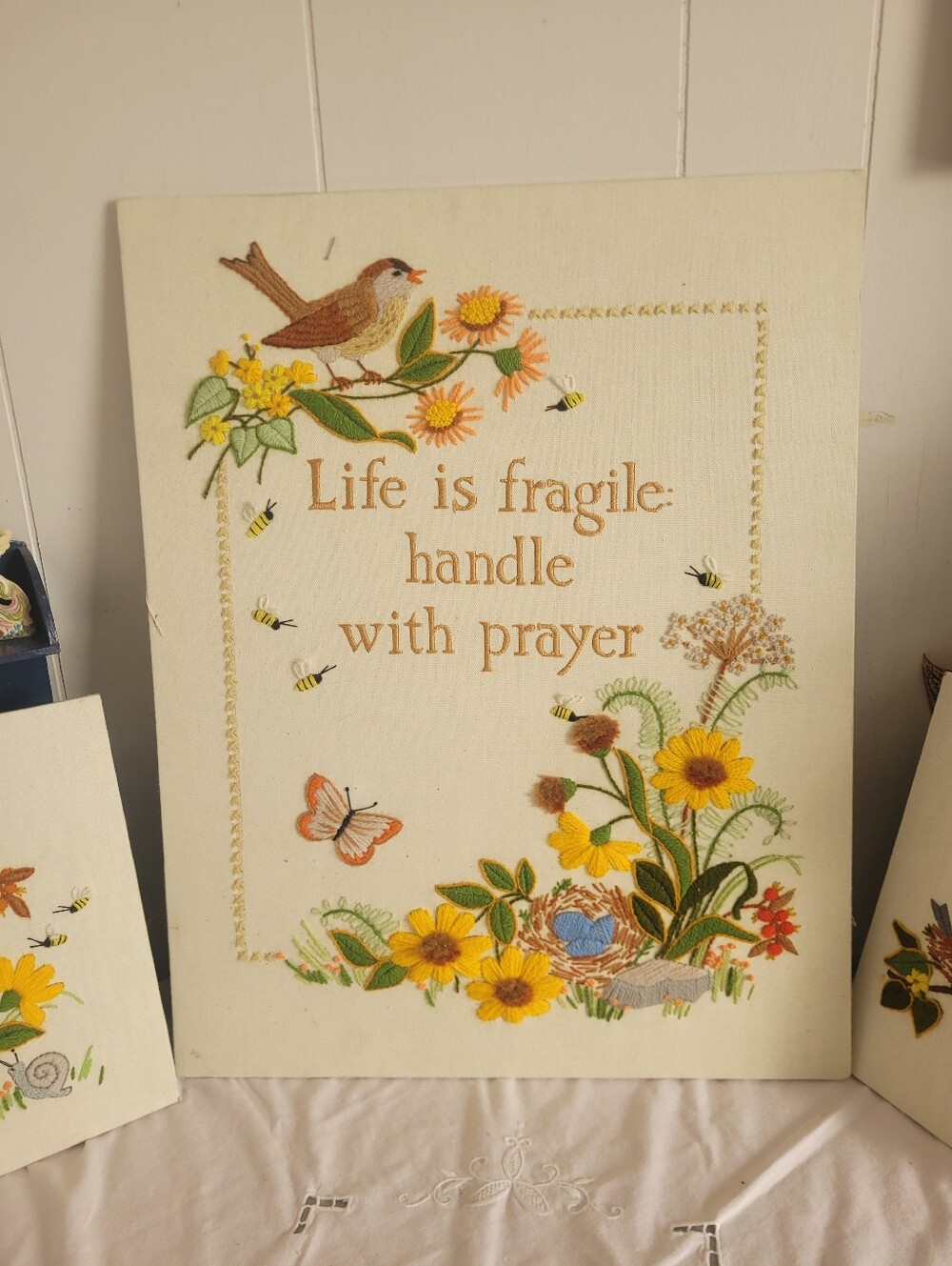 Vintage 1970s Christian Crewel Embroidery Art - Life Is Fragile Handle With Pray